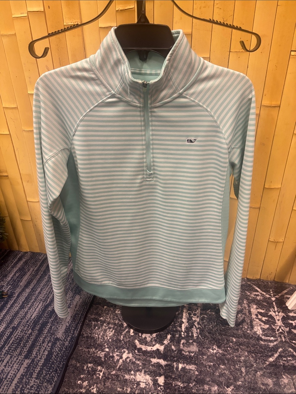 Vineyard Vines Mint and White Striped Half-Zip Pullover